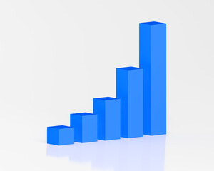 3D Bar Graph Blue Rising Exponentially Side View with Glass Reflection White Background, Presentation Business Graphic