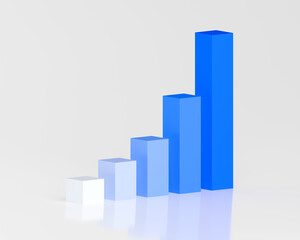 3D Bar Graph Blue Gradient Rising Exponentially Side View with Glass Reflection White Background, Presentation Business Graphic