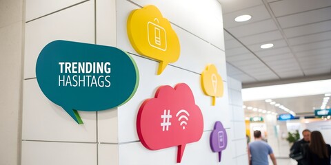 Colorful speech bubbles showcase trending hashtags in a captivating image, ideal for social media monitoring and content managers seeking to identify popular trends