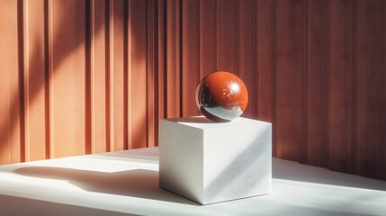 3D render showcases a red sphere on a white cube amidst textured orange curtains, creating a minimalist composition.
