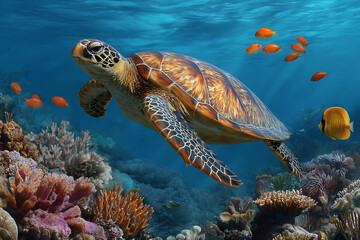 Fototapeta premium Majestic sea turtle swims through coral reef underwater