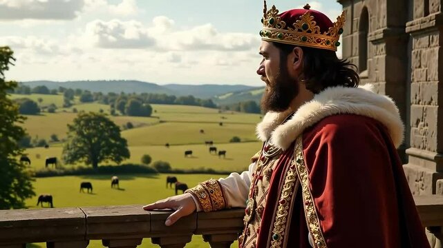 A majestic king gazes over his kingdom, clad in royal attire and a golden crown, while cattle graze in the lush green fields beyond the castle walls, illustrating power.