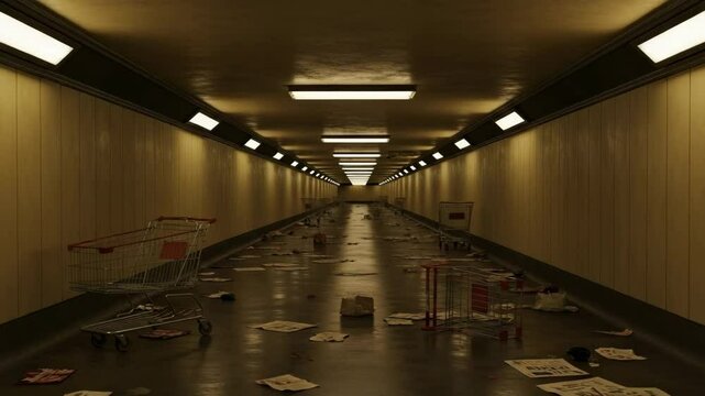 An eerie empty underground tunnel with flickering fluorescent lights and scattered trash, evoking unease, isolation, and liminal space anxiety. No people, cinematic realism.