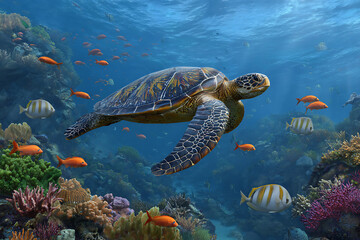 Obraz premium Majestic sea turtle swims through vibrant coral reef