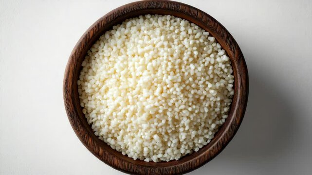 Top view of a wooden bowl filled with white sabudana pearls, in natural style, placed on a clean light background, concept of raw ingredients