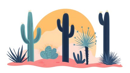 Digital illustration depicts stylized cacti and agave against a gradient sunset background.