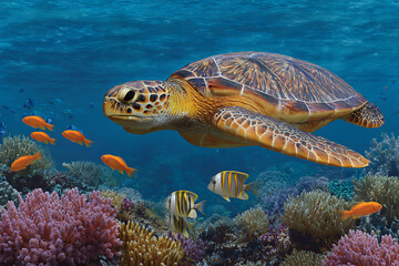 Fototapeta premium Majestic sea turtle swims with colorful fish over coral reef