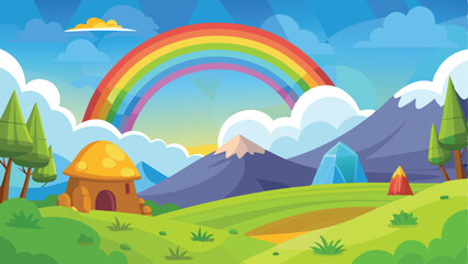 Obraz premium Cartoon Landscape with Rainbow, Mushroom House, Mountains, Trees, and Crystal Formation Artwork