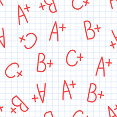 Seamless pattern of red back to school grades on a checkered background