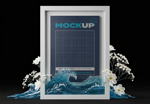 Vertical Frame Poster Mockup with Water Waves and Flowers