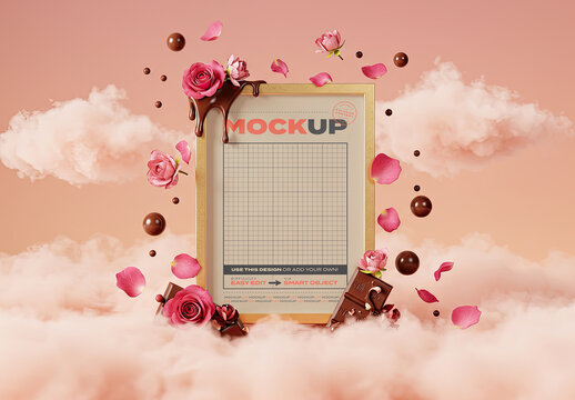 Vertical Poster Mockup on Clouds with Melted Chocolate and Flowers