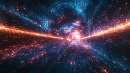 Abstract cosmic tunnel with glowing particles and motion blur, colorful sci-fi style on a black background, concept of space travel and wormholes - Powered by Adobe