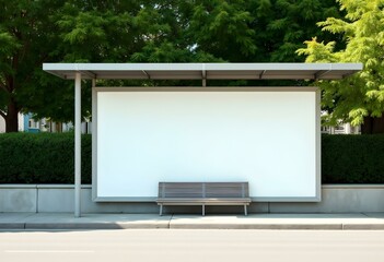 Blank Billboard Mockup at Modern Bus Stop under Green Trees on Clean Pavement &ndash; Urban Advertising Template

