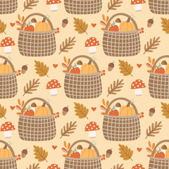 Seamless pattern with cozy harvest baskets, pumpkins, mushrooms, autumn leaves, and acorns. Great for seasonal fabric, wallpaper and fall themed textile design.