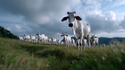 Obraz premium Herd of white cattle grazing on grassy hill under a cloudy sky