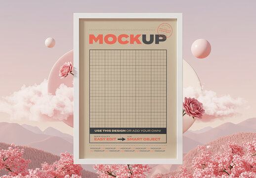 Vertical Poster Image Mockup Pinks Flowers Field Scene