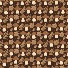 Seamless autumn pattern with hand drawn mushrooms, oak leaves, acorns, and raindrops on a dark brown background. Ideal for cozy fall fabrics, wrapping paper and seasonal prints.