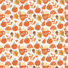 Seamless autumn pattern with apples, mushrooms, hot drinks, leaves, and acorns. Cozy seasonal design for fabric, scrapbooking or packaging.