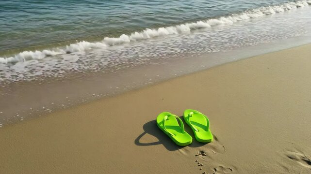 Green flip-flops resting on sandy beach with gentle waves nearby  