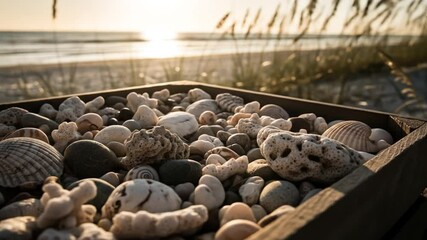 Summer Beach Treasures in Wooden Crate at Sunset