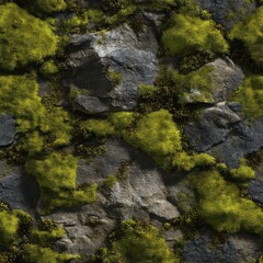 Golden green moss on ancient weathered stone
