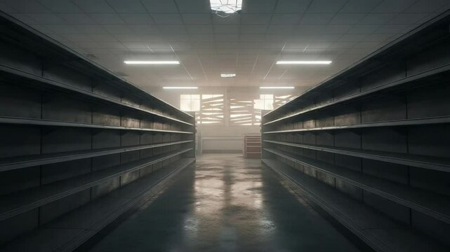 A dimly lit abandoned supermarket interior with empty metal shelves and flickering lights. Cold and lifeless, capturing the strange stillness of liminal retail spaces.