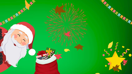 Holiday Cheer: Smiling Santa, gifts, Christmas decorations and fireworks fill green background.