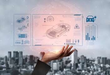 Technical layout of electric vehicle showing battery system, power control, traction motor,...