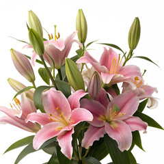 Fototapeta premium A bouquet of pink lilies isolated on transparent background shows beauty