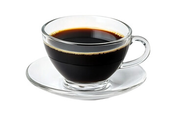 A glass cup of black coffee with a saucer on a white and isolated on a transparent background in PNG format.
