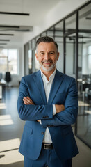 Fototapeta premium Smiling Businessman Standing with Arms Crossed in Modern Office