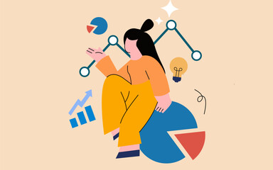 Vector cartoon illustration of business people, women data, analyst , and bulb presentation concept