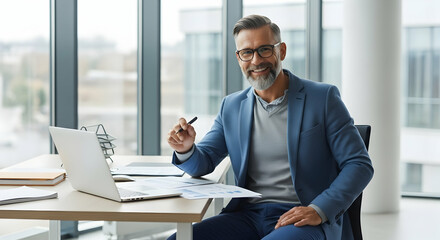 Fototapeta premium Smiling Businessman Working at Desk with Laptop and Documents