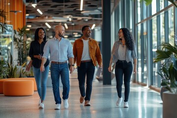 Group of diverse colleagues walking together in a modern office space during the day, Medium shot of four multi ethnic male and female colleagues walking