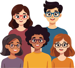 Obraz premium Group of five diverse young people smiling and wearing glasses 