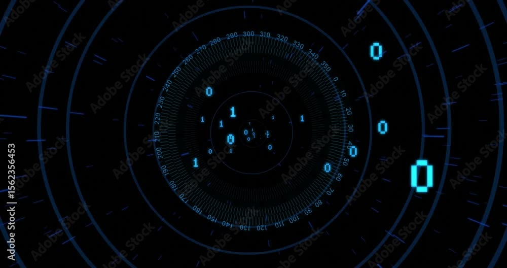 Aufkleber on start radial interface showing binary bits rotating, drifting into center visualizing data flow