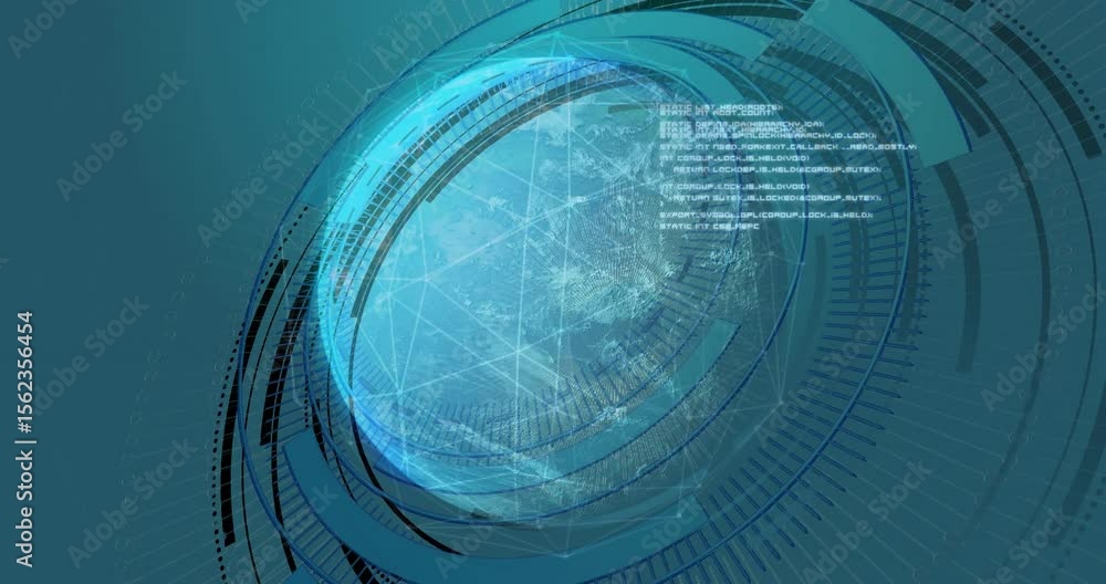 Poster Opening Earth rotating with mesh while HUD rings forming and code text emerging visualizing data