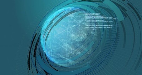 Opening Earth rotating with mesh while HUD rings forming and code text emerging visualizing data - Powered by Adobe