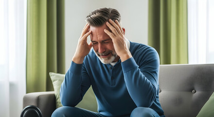 Stressed Mature Man Suffering From Headache Sitting on Gray Sofa