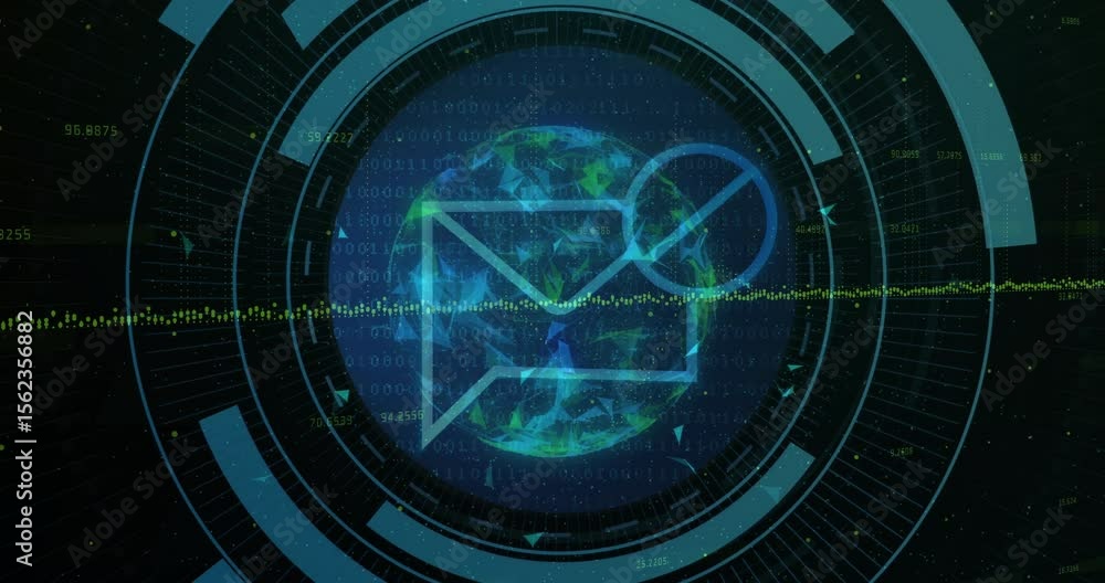 Poster emerging globe sweeping waveform, pulsing rings and no-mail icon hovering blocking notification