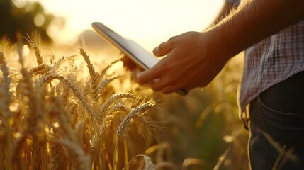 Photograph of a farmer using a tablet amidst a golden wheat field under a warm, sunlit sky.
