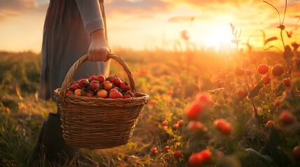 Photograph of a person holding a basket full of ripe red strawberries in a sunlit field.