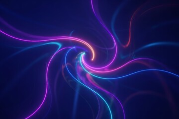 Abstract swirling vortex of vibrant neon light trails in shades of pink purple blue and orange against a dark deep blue background creating a futuristic energy flow