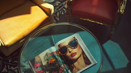 Digital illustration of a woman in sunglasses, illuminated by dramatic, colorful light against a teal backdrop.