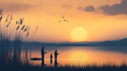 Digital illustration of two figures fishing at sunset, reflected in a serene lake with distant mountains.