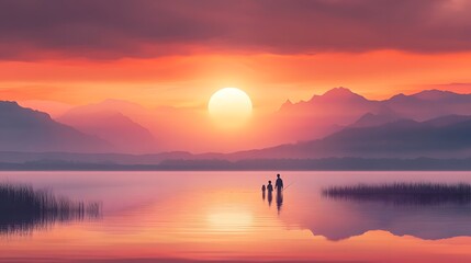 Digital illustration of a lone figure fishing in a calm, fiery lake with mountain reflection.