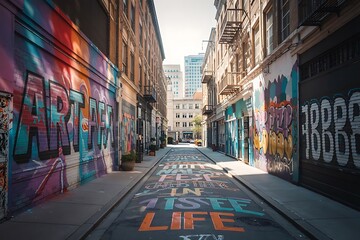 Vibrant urban alleyway adorned with colorful graffiti art on brick walls and inspirational messages painted on the asphalt street pavement