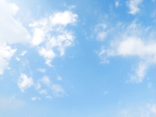 Blue sky background with white clouds in summer. Soft white clouds float in the clear blue sky. Clear blue sky, bright spring, soft sky gradient, wallpaper landscape, aerial view.