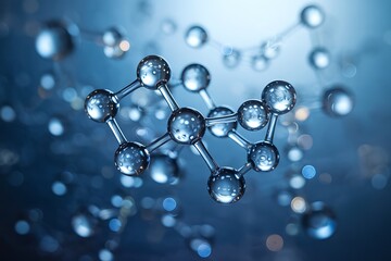 Close up 3d rendering of a shimmering metallic molecular structure with interconnected spheres and rods against a blurred blue background with bokeh effects