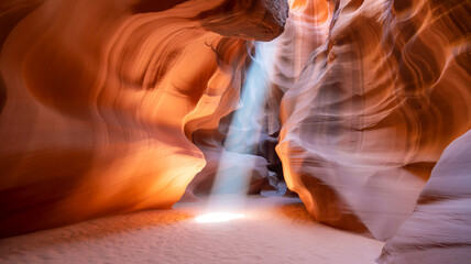 A dramatic photograph of Antelope Canyon's slot canyon interior, captured with a long exposure .